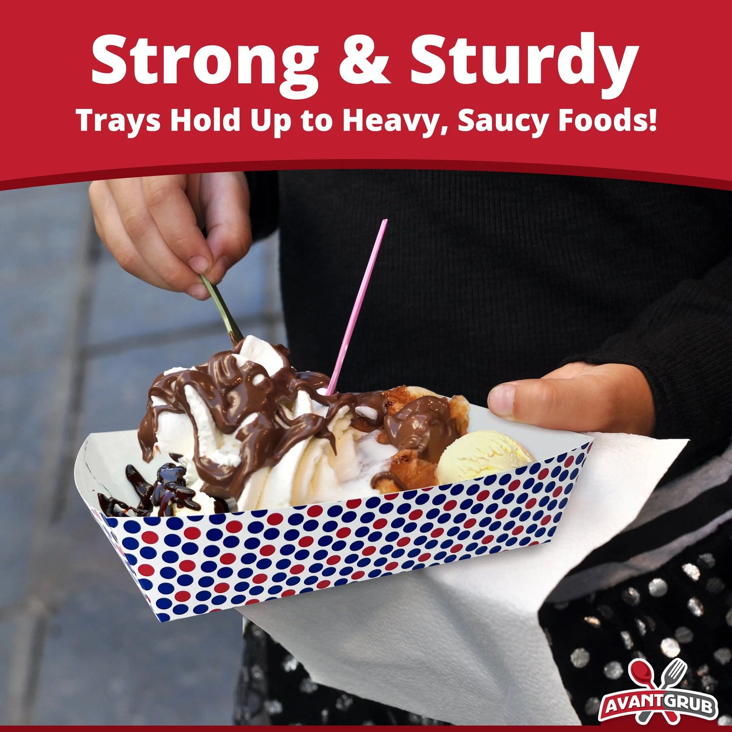 Avant Grub Red & Blue Polkadot, 3 lb Sturdy Wax-Coated Paper Food Trays