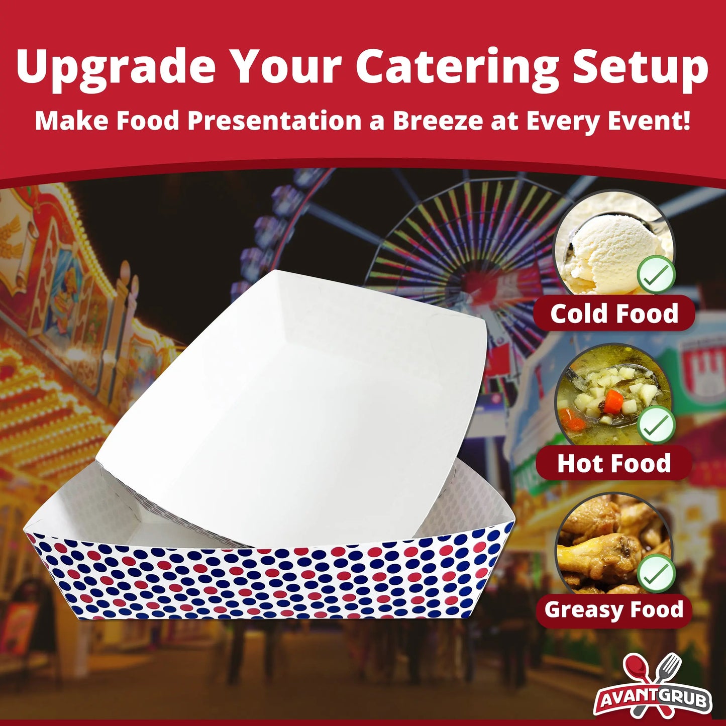 Avant Grub Red & Blue Polkadot, 3 lb Sturdy Wax-Coated Paper Food Trays