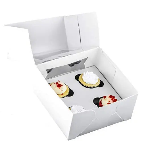 10x10x4in White W/ Window Bakery Boxes For 4 Cupcakes