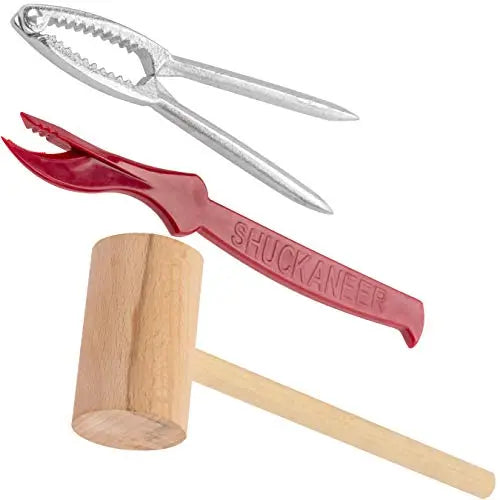 7", 7.5", 5.75" Seafood Mallet (Wood), Cracker (Stainless Steel), Sheller Trio (Dark Red) - 1 Set Avant Grub