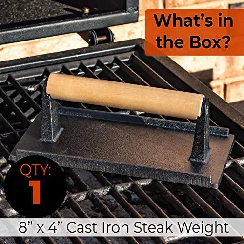Black With Wooden Handle Steak Weight Cast Iron - 8x4" - 1 Pack Avant Grub