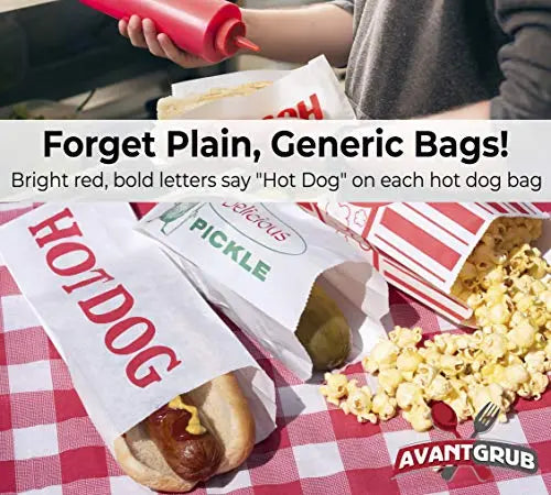 White W/ Red Text Paper Hot Dog Wrapper Sleeves - 9" x 3.5" - 50 Pack Avant Grub