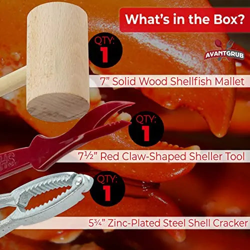 7", 7.5", 5.75" Seafood Mallet (Wood), Cracker (Stainless Steel), Sheller Trio (Dark Red) - 1 Set Avant Grub