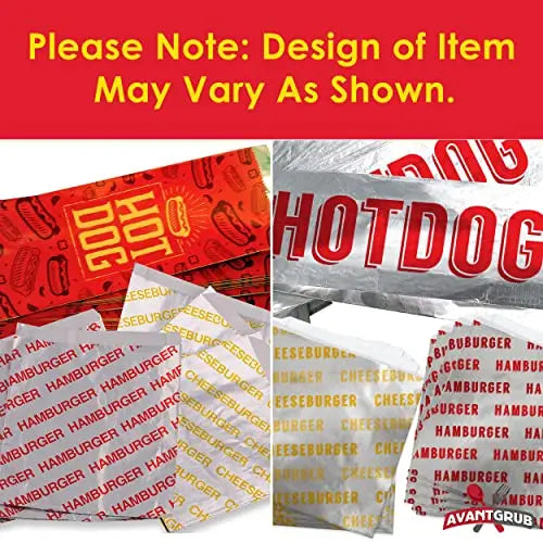 Foil 10 Burger / 10 Cheeseburger / 10 Hot Dog Wrapper - 6"x6.5"x1"/6"x6.5"x1"/9"x3.5"x1.5" - 30 Wrappers Avant Grub