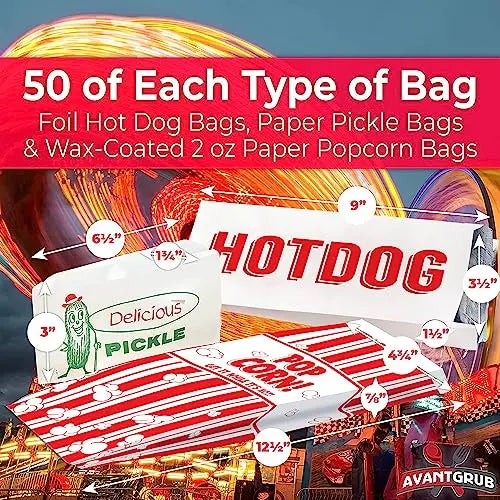Red, White, Silver, Green Pickle, Hot Dog & Popcorn Bags - 2 oz - 50 Bags Avant Grub