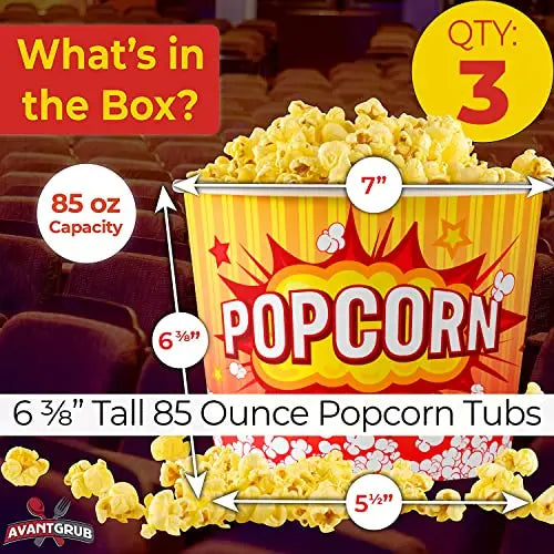 Yellow, White & Red Popcorn Buckets - 85oz - 25 Pack Avant Grub