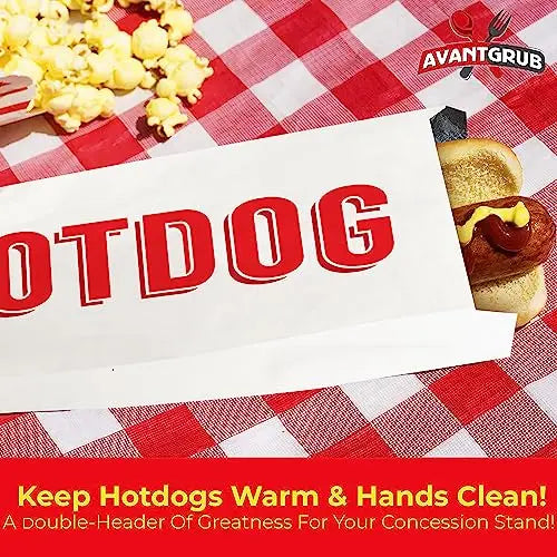 Silver W/ Red Text Foil Hot Dog Wrapper Sleeves - 9" x 3.5" - 50 Pack Avant Grub