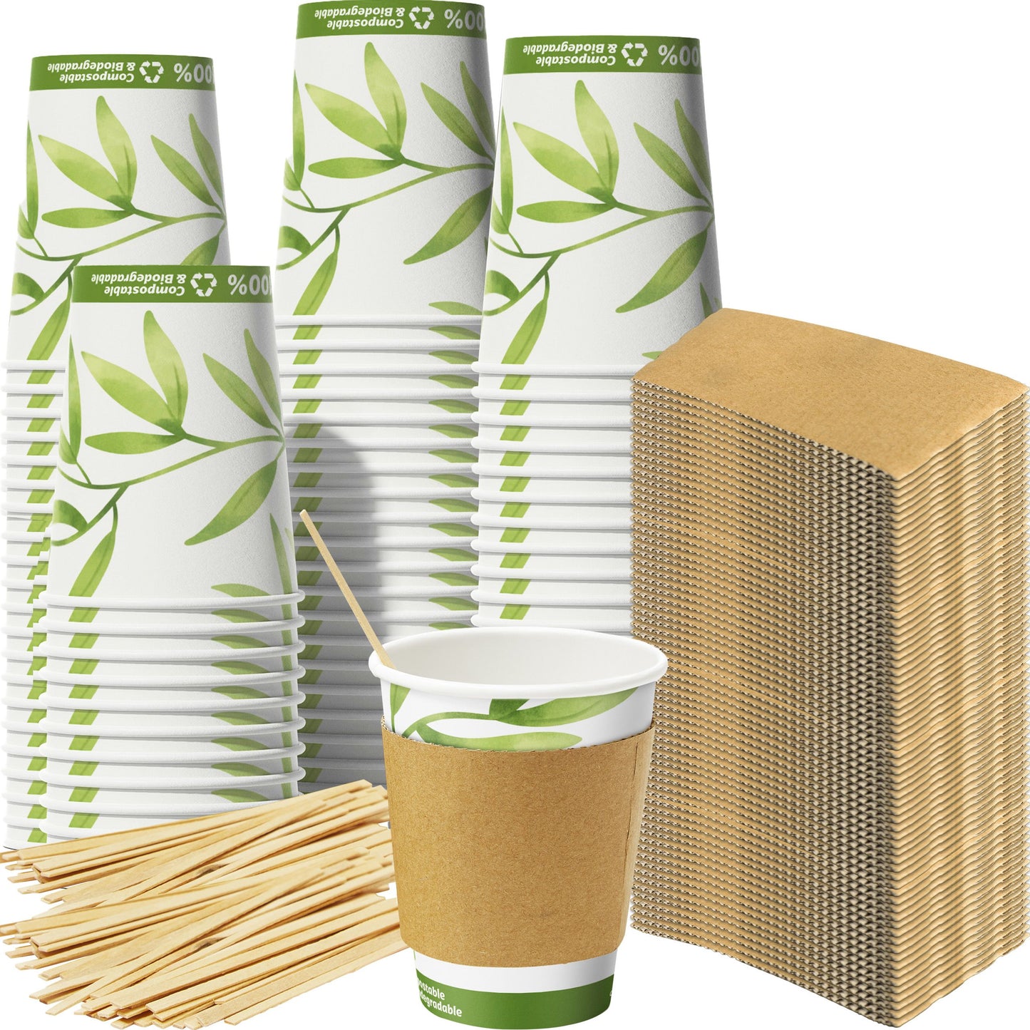100 Pack - Avant Grub - Eco Friendly Coffee Cup Sets - White/Multi - 12 Oz