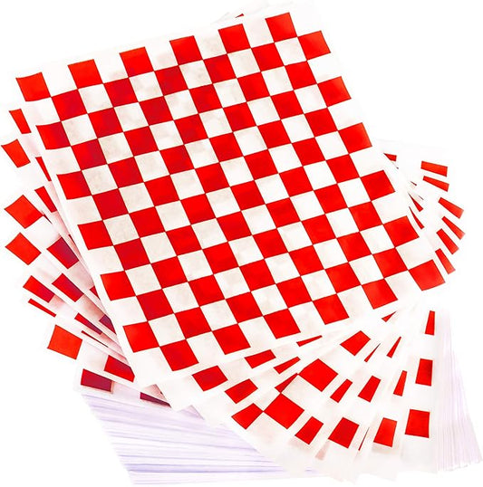 300-Pack Checkered Deli Paper Sheets – Grease-Resistant, 12x12" Microwave-Safe Food Wrap in 4 Colors (Red, Blue, Black, Green)