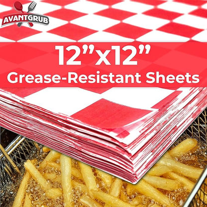 300-Pack Checkered Deli Paper Sheets – Grease-Resistant, 12x12" Microwave-Safe Food Wrap in 4 Colors (Red, Blue, Black, Green)