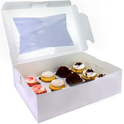 White W/ Plastic Window Bakery Boxes W/ Cupcake Inserts Fits 1Doz. - 14x10x4in - 12 Of Each Pack
