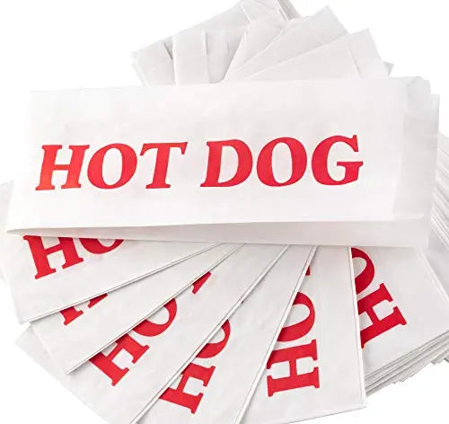 White W/ Red Text Paper Hot Dog Wrapper Sleeves - 9" x 3.5" - 50 Pack