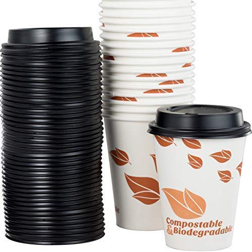 Leaf Print Paper Coffee Cups & Recyclable Dome Lids - 12oz - 100 Of Each Pack