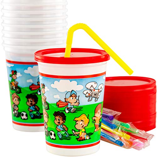 Children On Playground Kids Party Cups With Lid & Straw - 12oz - 10 Of Each Item Pack