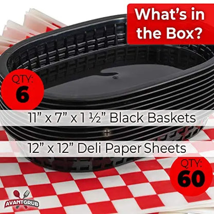 Red Basket & Black Paper Deli Baskets & Papers - 11"x7"x1.5", 12"x12" - 6 Baskets, 60 Papers Pack Avant Grub