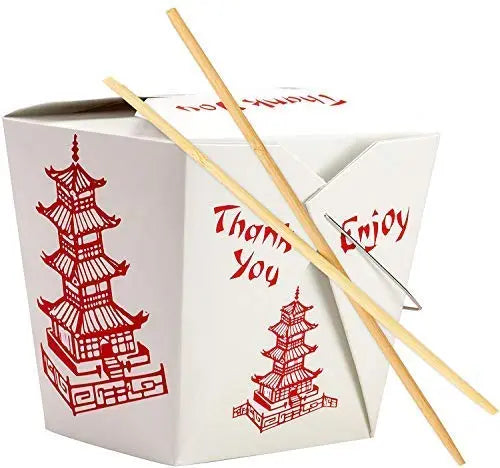 White & Red Pagoda Boxes, Red Sleeves 25 Chinese Takeout 32Oz Food Containers & 25 Pairs Chopsticks - 32oz - 25 of Each Pack