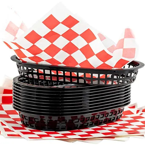 Red Basket & Black Paper Deli Baskets & Papers - 11"x7"x1.5", 12"x12" - 6 Baskets, 60 Papers Pack Avant Grub