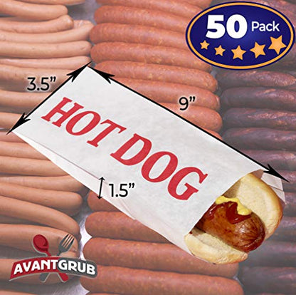 White W/ Red Text Paper Hot Dog Wrapper Sleeves - 9" x 3.5" - 50 Pack