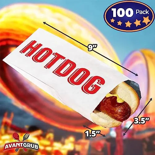 Silver W/ Red Text Foil Hot Dog Wrapper Sleeves - 9" x 3.5" - 50 Pack