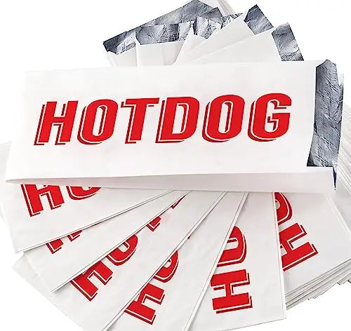 Silver W/ Red Text Foil Hot Dog Wrapper Sleeves - 9" x 3.5" - 50 Pack