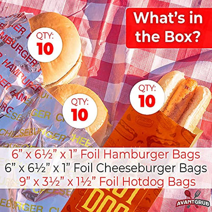 Foil 10 Burger / 10 Cheeseburger / 10 Hot Dog Wrapper - 6"x6.5"x1"/6"x6.5"x1"/9"x3.5"x1.5" - 30 Wrappers