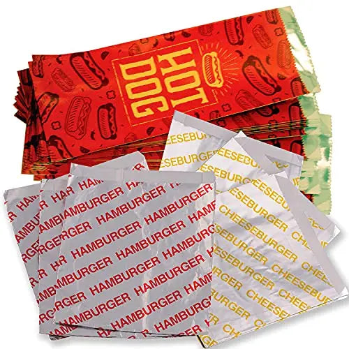 Foil 10 Burger / 10 Cheeseburger / 10 Hot Dog Wrapper - 6"x6.5"x1"/6"x6.5"x1"/9"x3.5"x1.5" - 30 Wrappers Avant Grub