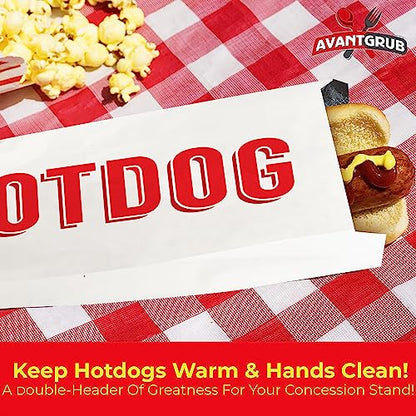 Silver W/ Red Text Foil Hot Dog Wrapper Sleeves - 9" x 3.5" - 50 Pack